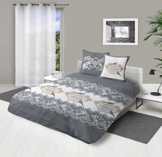 Parure de lit grise et blanche décor "Garden roses" 260x240cm housse de couette + 2 taies 63x63cm