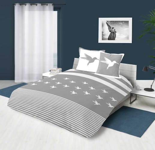 Parure de lit grise et blanche motif colibri 240x220cm housse de couette + 2 taies 63x63cm