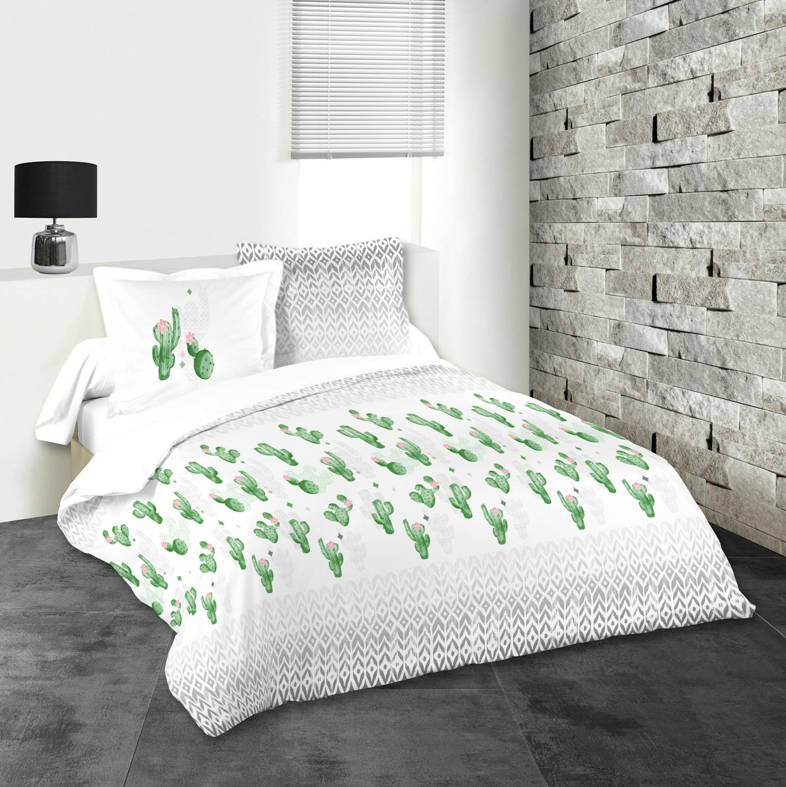 Parure de lit motifs cactus 240x220cm housse de couette + 2 taies 63x63cm DUOMA