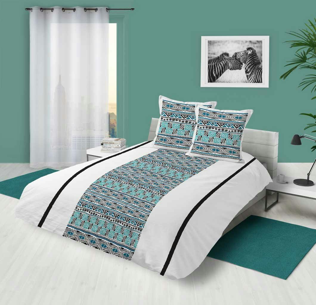 Parure de lit motifs ethniques bleus et noirs 240x220cm housse de couette + 2 taies 63x63cm