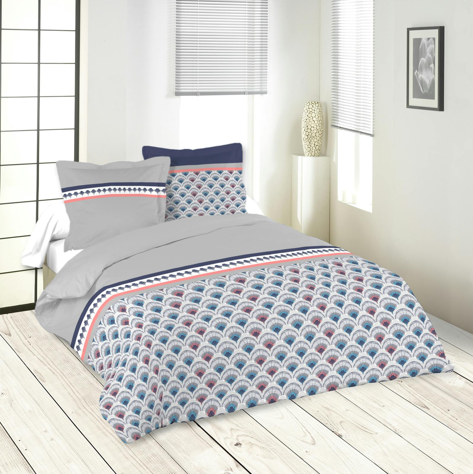 Parure de lit motifs éventails 240x220 housse de couette + 2 taies 63x63 100% coton RISEN