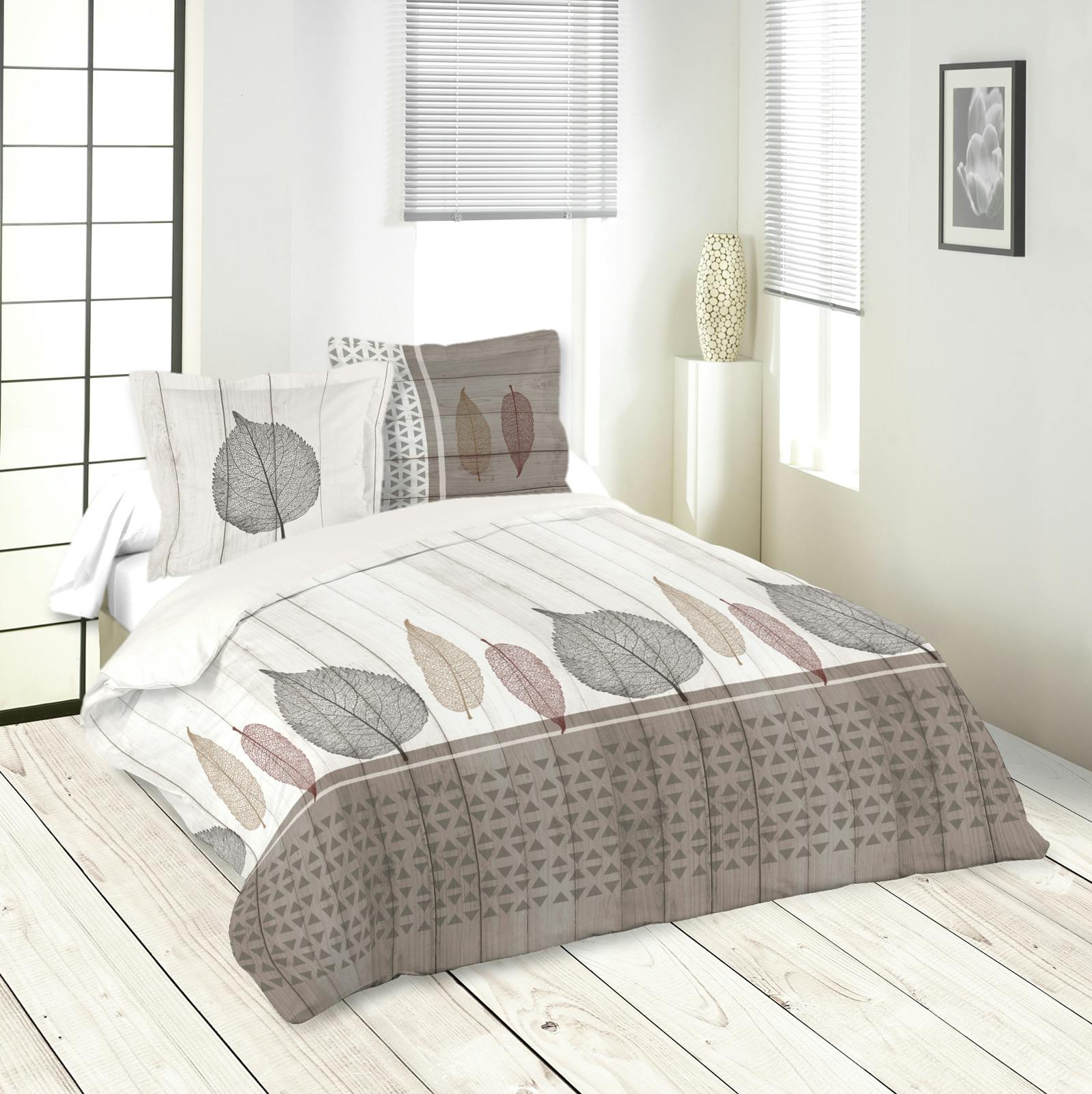 Parure de lit motifs feuilles 260x240cm housse de couette + 2 taies 63x63cm MONTEA