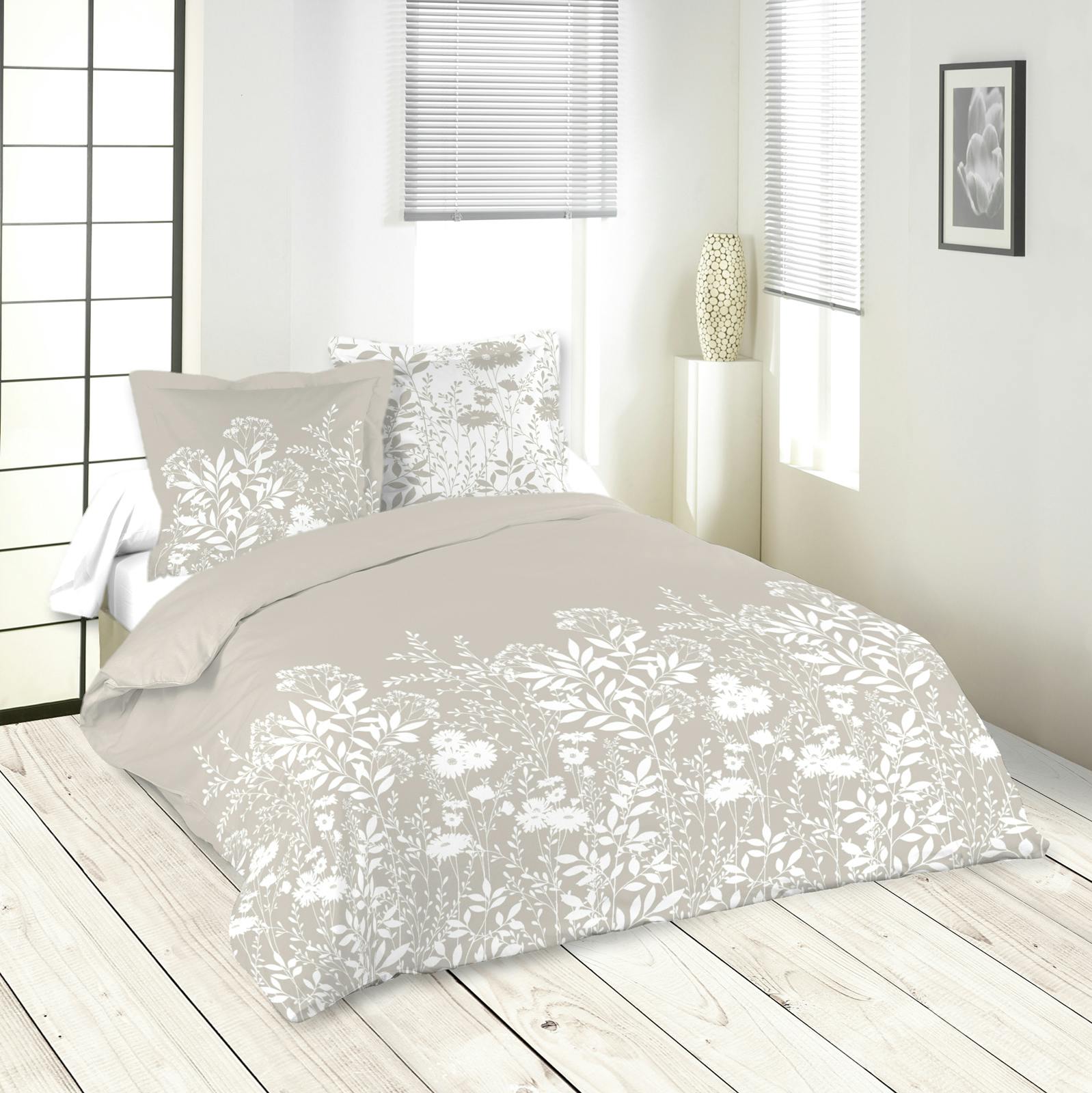 Parure de lit motifs fleurs 260x240cm housse de couette + 2 taies 63x63cm NATUREL