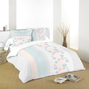 Parure de lit motifs graphiques pastels 260x240cm housse de couette + 2 taies 63x63cm LODA
