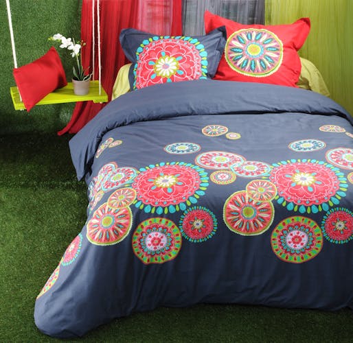 Parure de lit Qualité Supérieure décor floral mandalas multicolors 260x240 housse de couette + 2 taies 65x65 100% coton SONORA