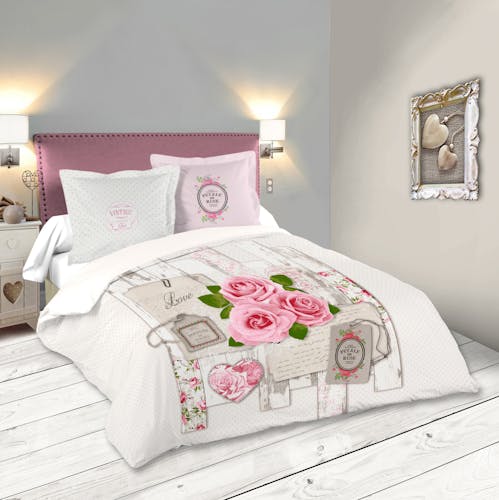 Parure de lit romantique motifs roses 260x240cm housse de couette + 2 taies 63x63cm CAPELINE