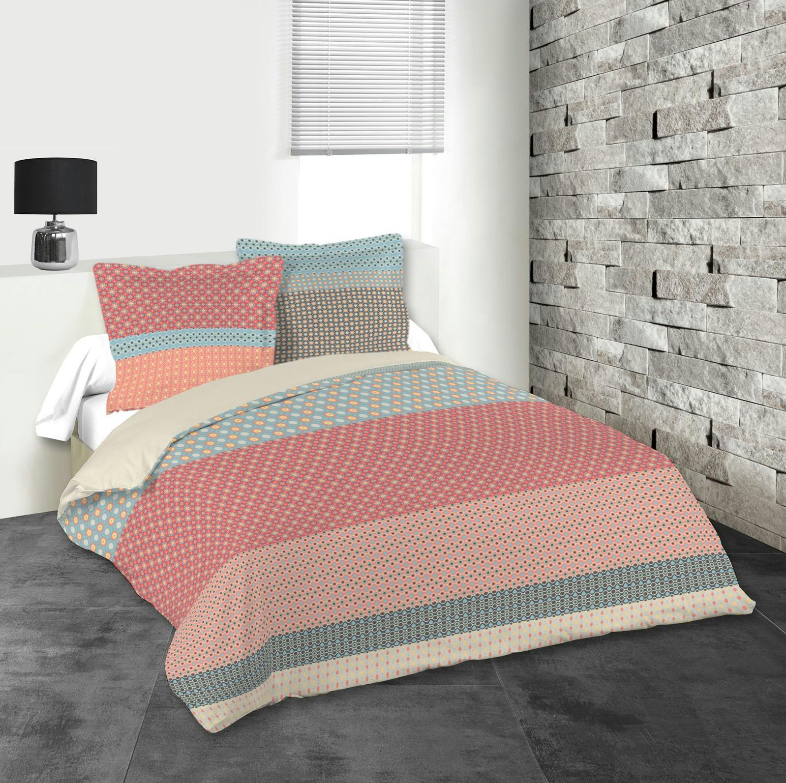 Parure de lit tons rouges, bleus et gris 240x220 housse de couette + 2 taies 63x63 100% coton VALENCIA