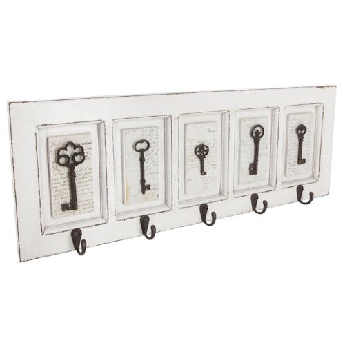 Patère en bois blanc 5 crochets en métal et décor clés 64x5x23cm