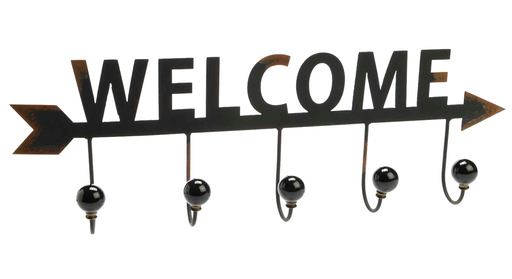 Patère en métal noir vieilli avec 5 crochets "Welcome" 60x20x8cm