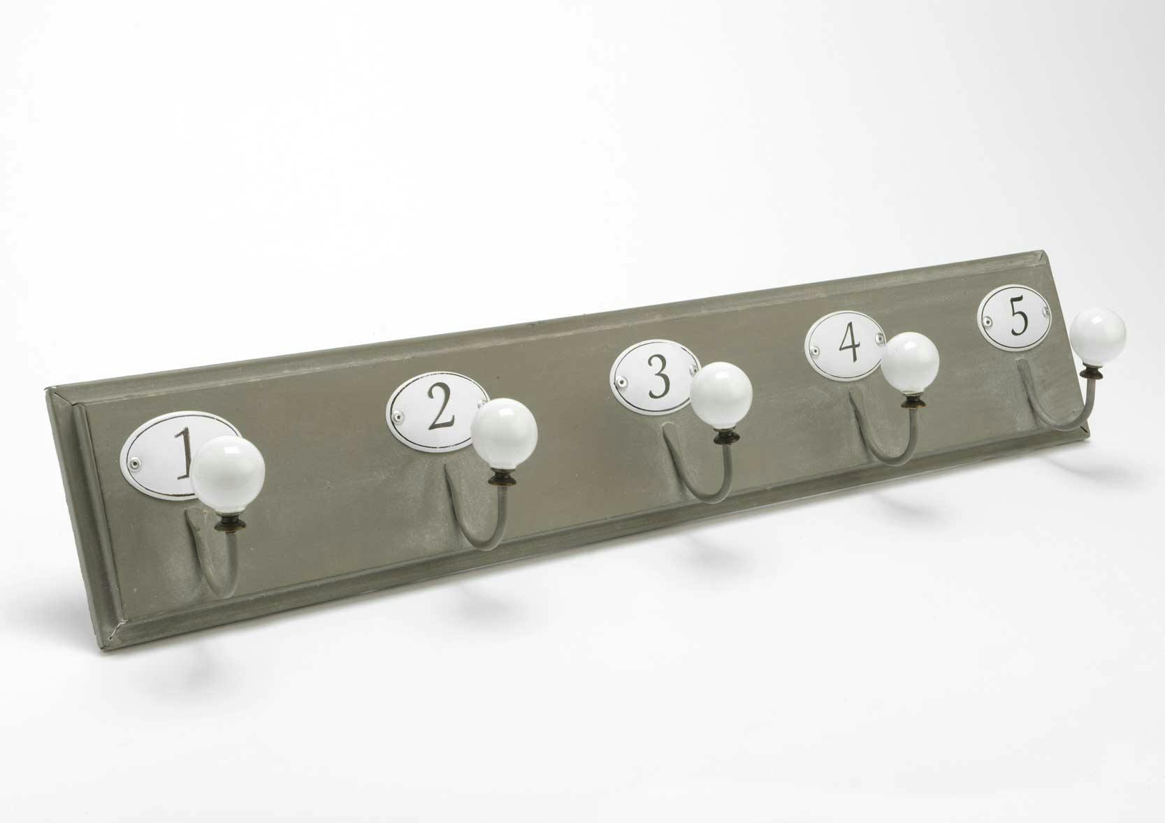 Patère grise 5 crochets "boule" blancs numérotés