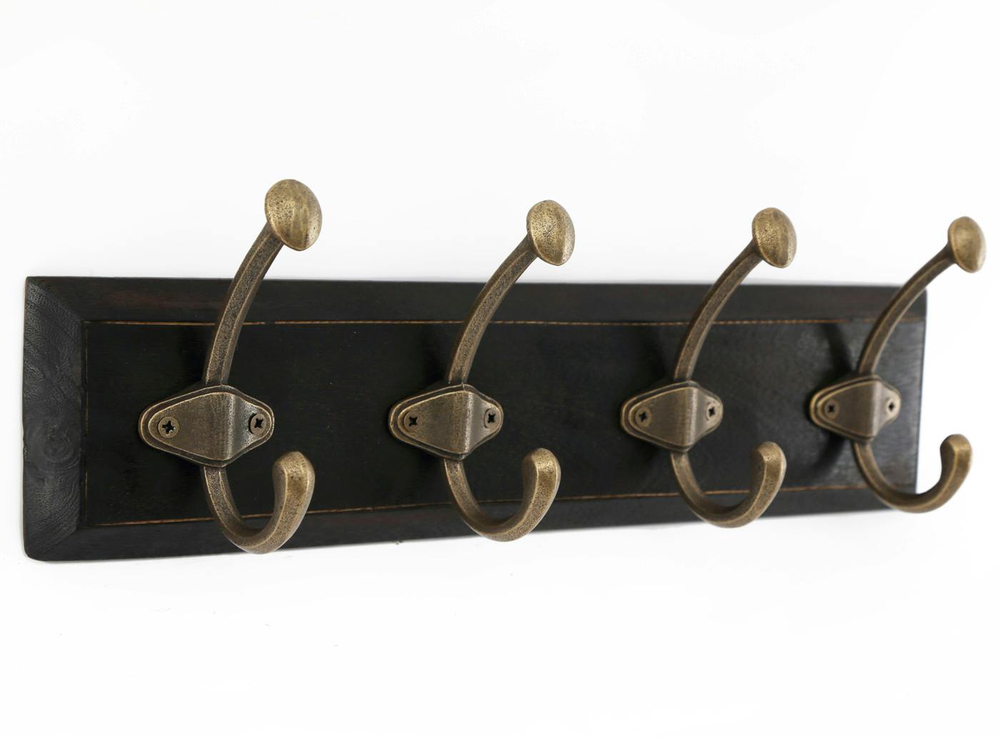 Patère vintage en bois 8 accroches, métal et laiton