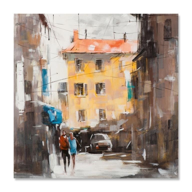 PAYSAGES URBAINS 100x100 Peinture acrylique carrée Marron et Jaune