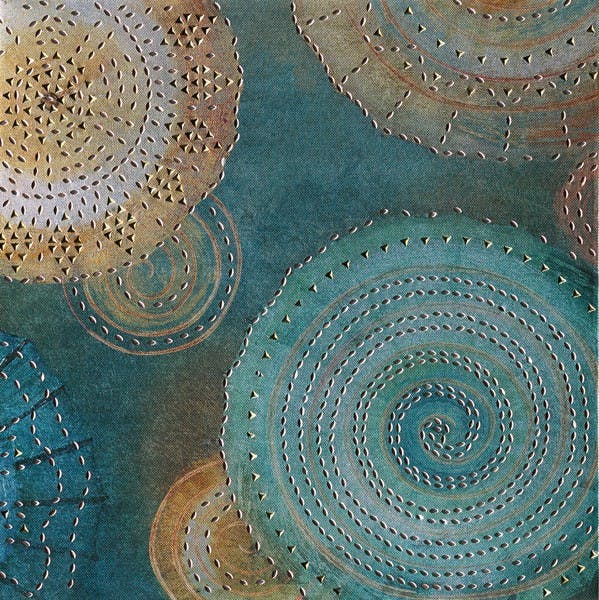 Peinture abstraite 40x40 - rosaces en couleur et élements en métal