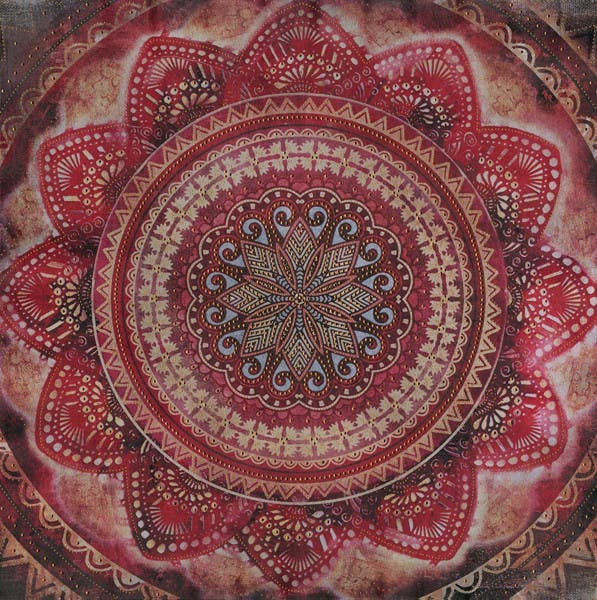 Peinture abstraite 80x80 - rosace rouge et or, éléments métal en relief