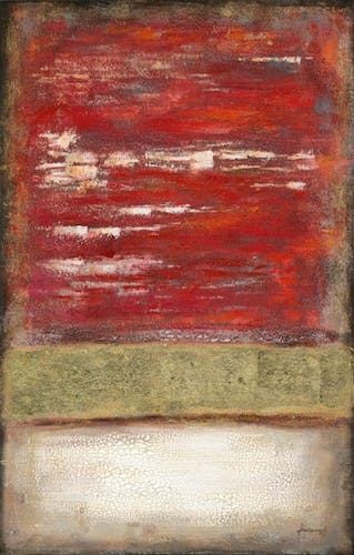 Peinture abstraite 90x140 avec ajout feuilles métal - rouge et or