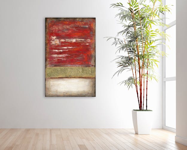 Peinture abstraite 90x140 avec ajout feuilles métal - rouge et or