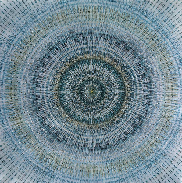 Peinture rosace abstraite 90x90 - tons bleus et gris, ajout d'éléments métal