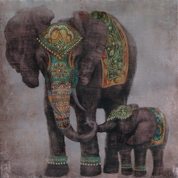 Peinture sur toile 90x90 - éléphants gris, ajout d'éléments en métal