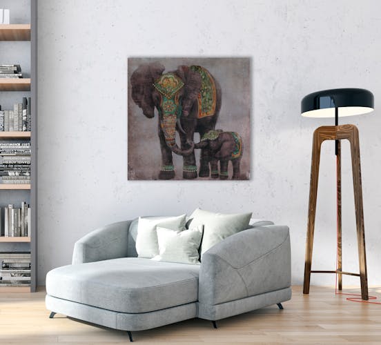Peinture sur toile 90x90 - éléphants gris, ajout d'éléments en métal