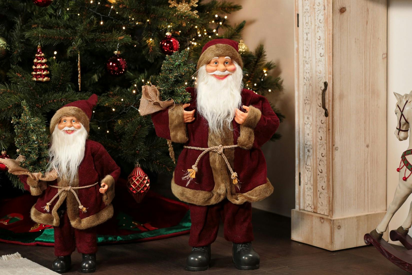 Figurine Père Noël Avec Sac De Cadeaux - Déco De Noël Blanc Et Marron - 45 Cm