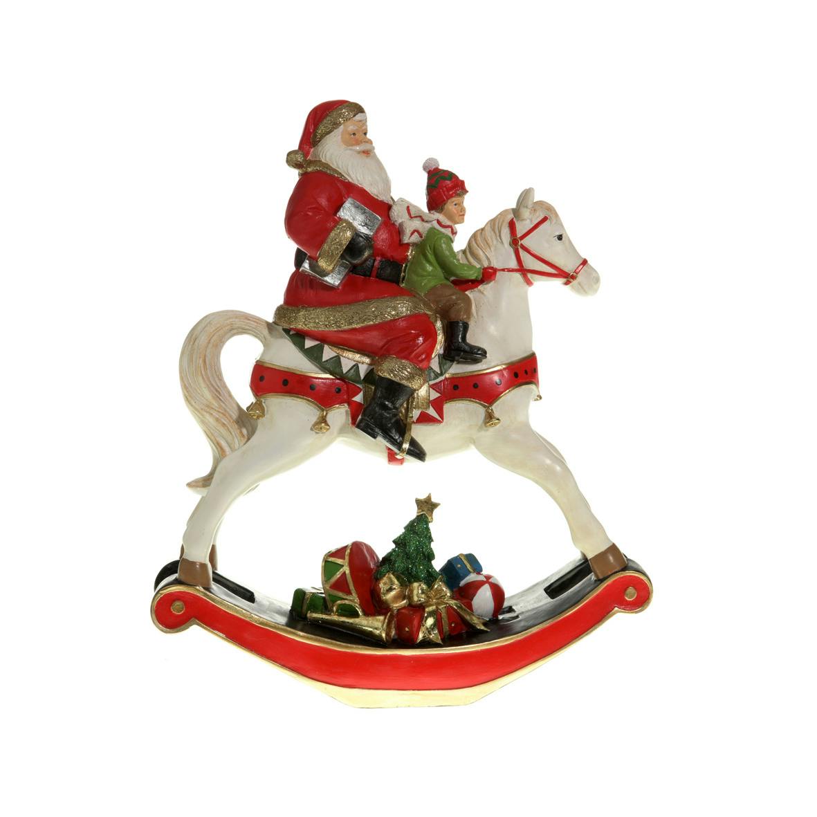 Père Noël et enfant sur cheval à bascule 34 cm