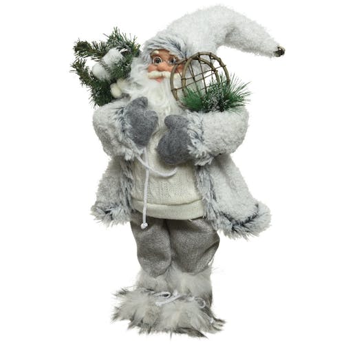 Père Noël figurine en habits blancs et raquettes 45 cm
