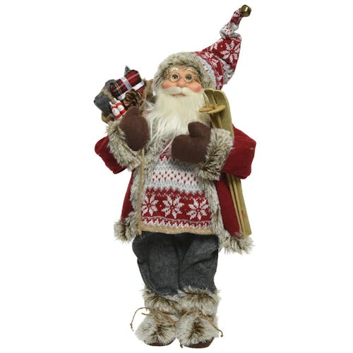 Père Noël figurine en habits rouges et skis 30 cm