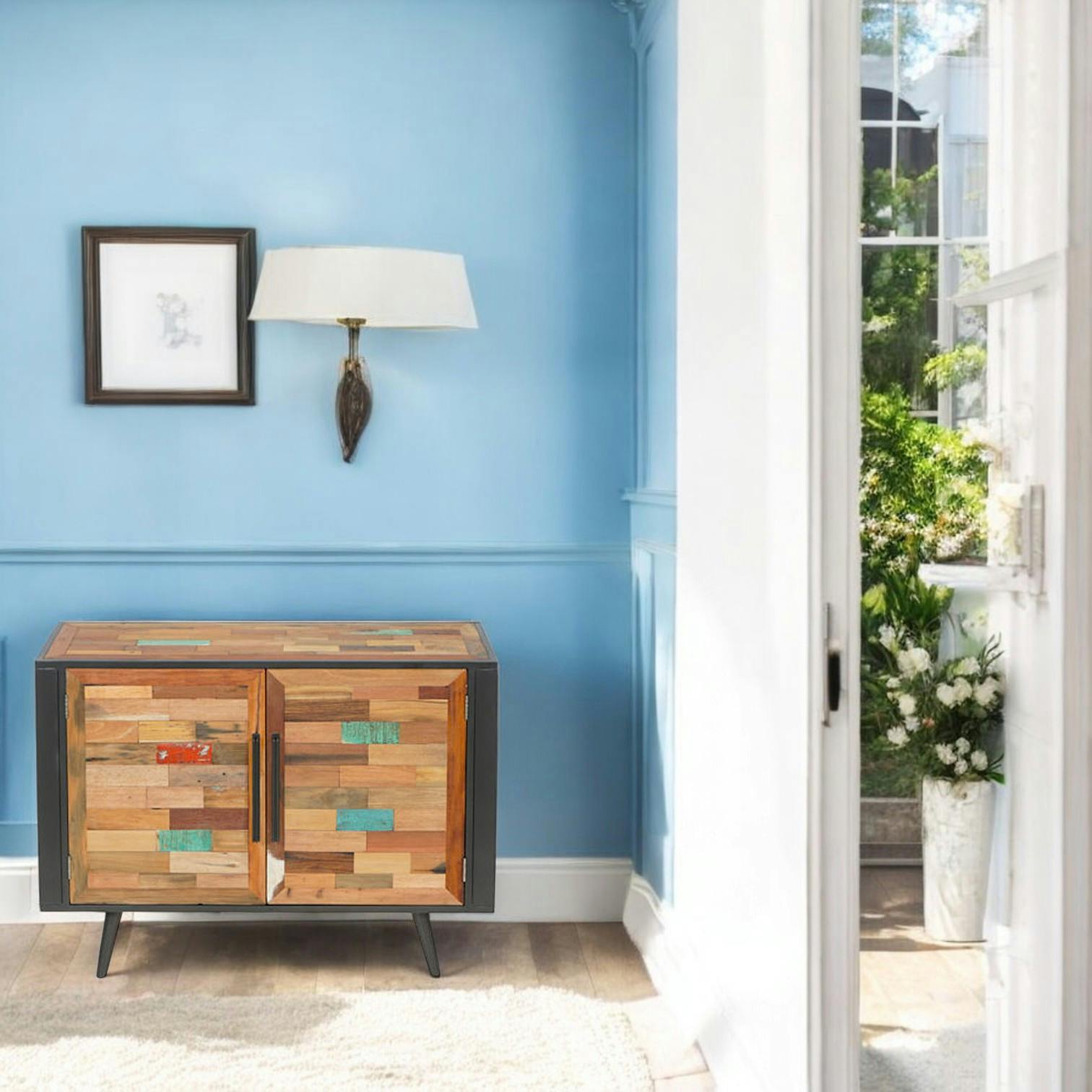 Petit buffet en bois recycle et metal de style industriel