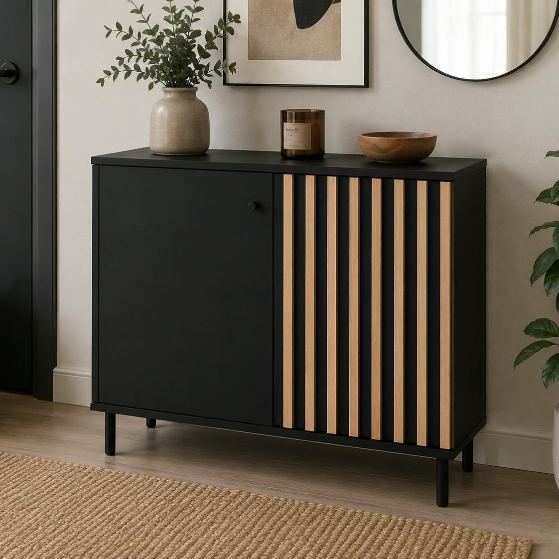 Petit buffet 2 portes design noir et décor bois NOREN
