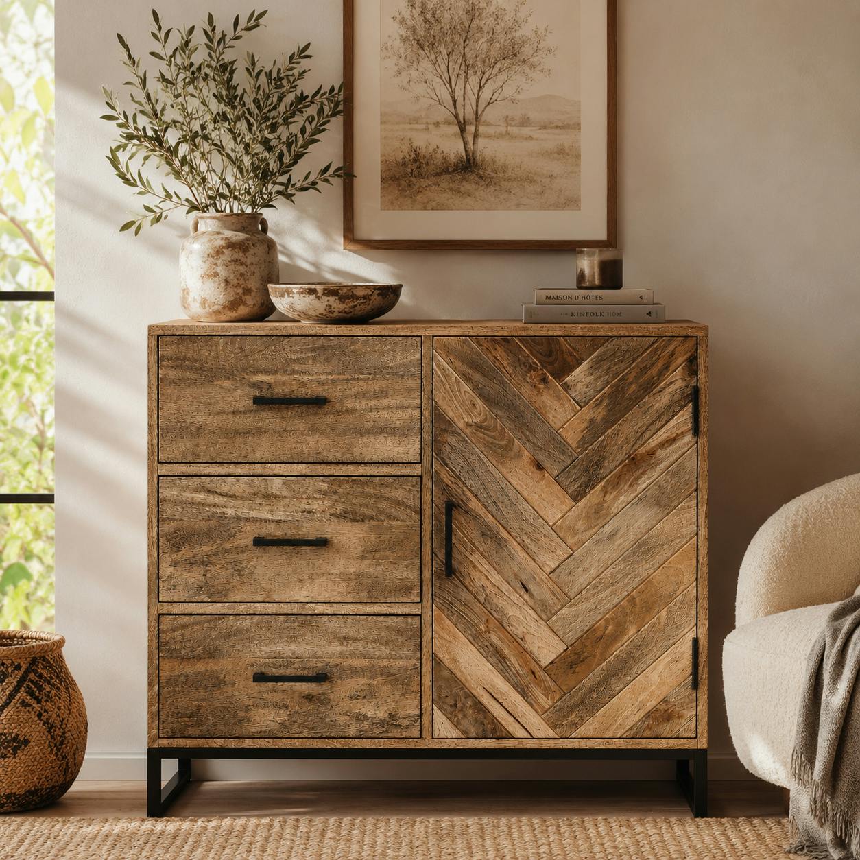 Petit buffet bois de manguier 1 porte 3 tiroirs BRIX