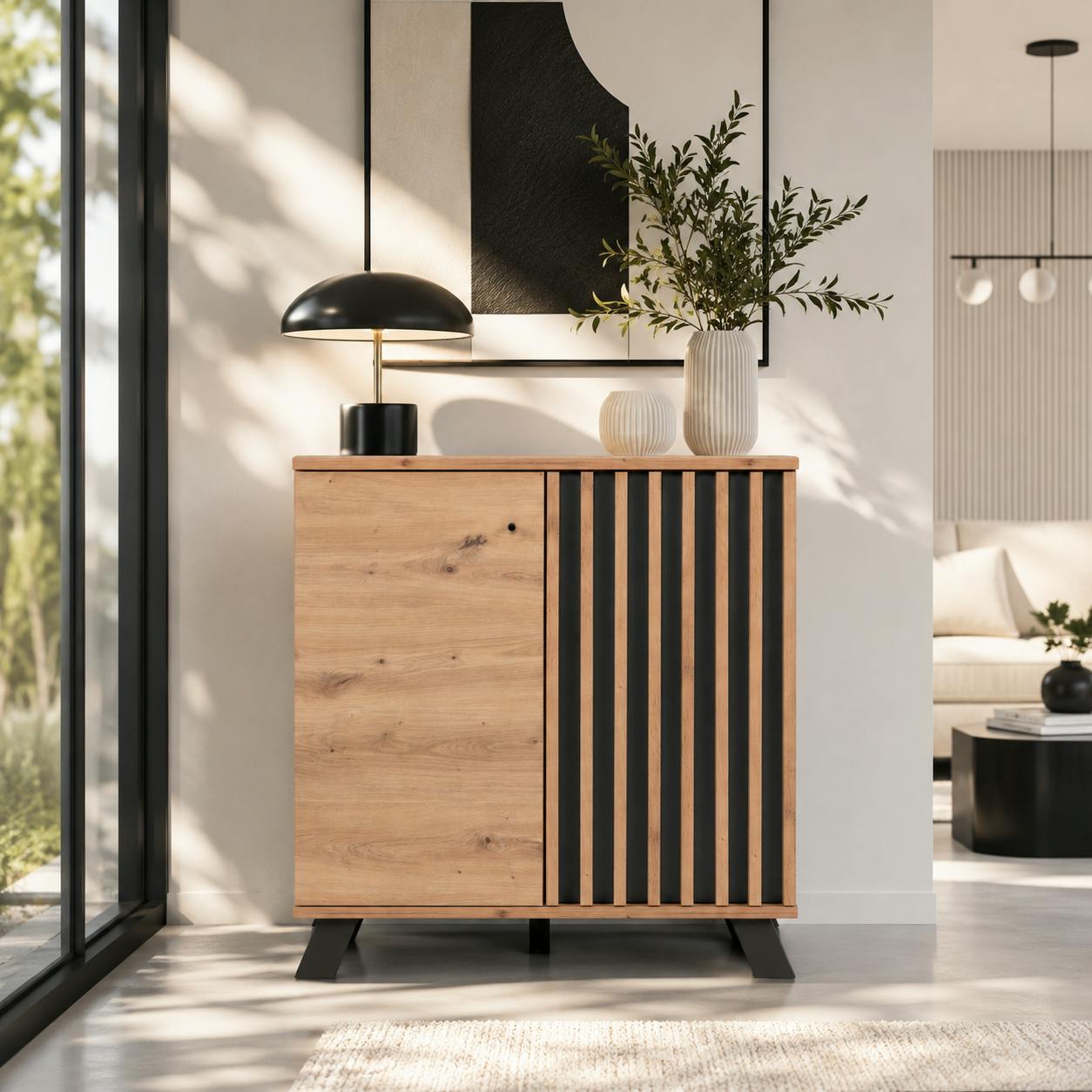 Petit buffet moderne 1 porte noire rainurée ALVA