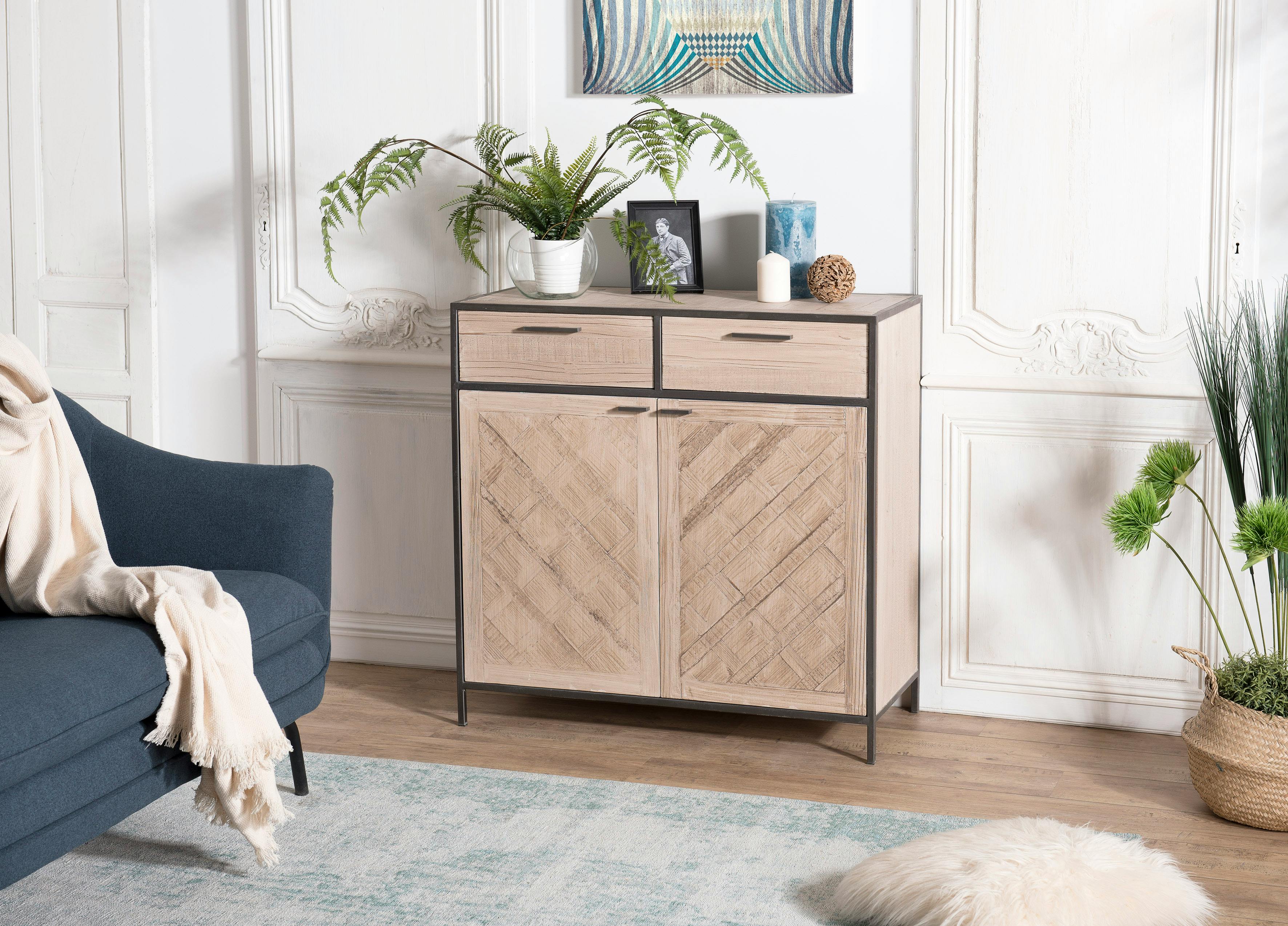 Petit buffet haut en bois et metal deux portes de style contemporain