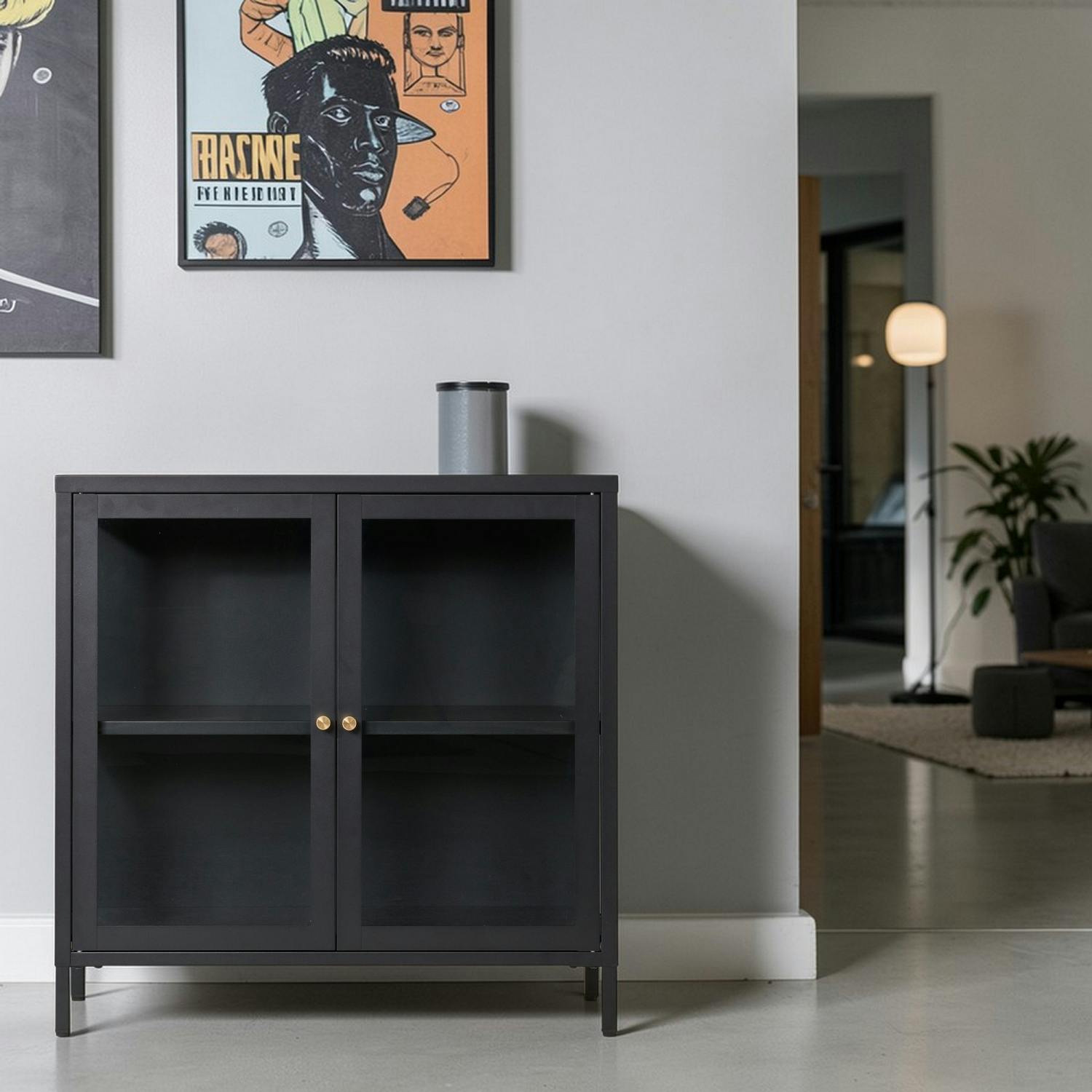 Petit buffet vitrine en métal noir 2 portes ODENSE