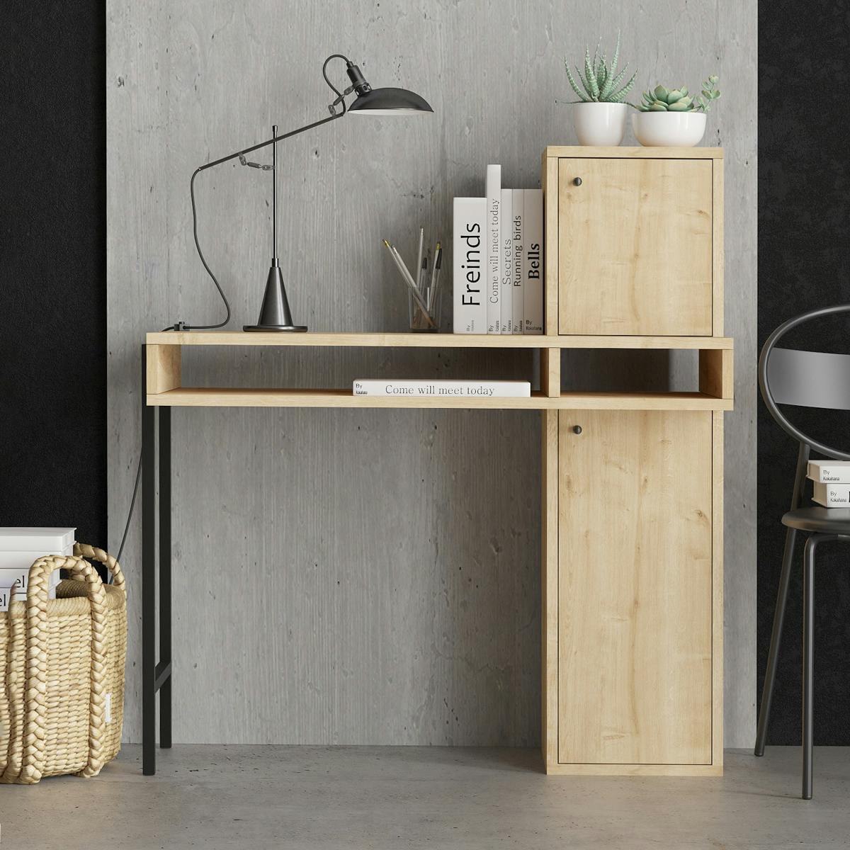 Petit bureau design décor bois 2 portes de rangement JENA