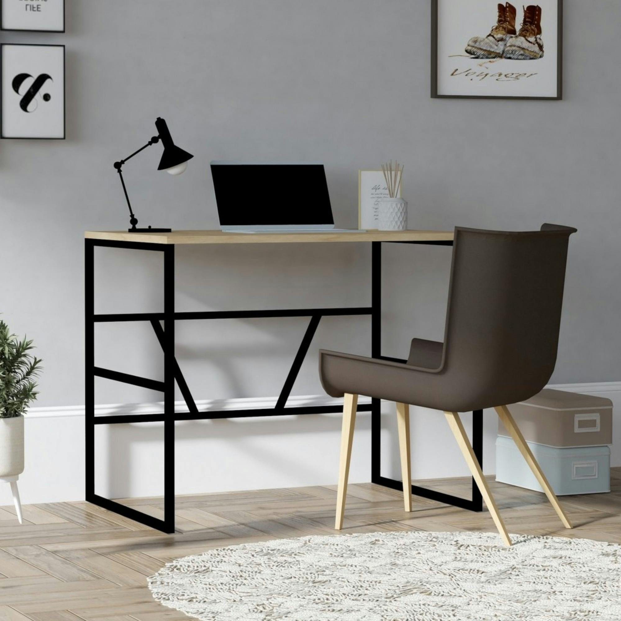 Petit bureau moderne noir avec plateau effet chêne clair JENA