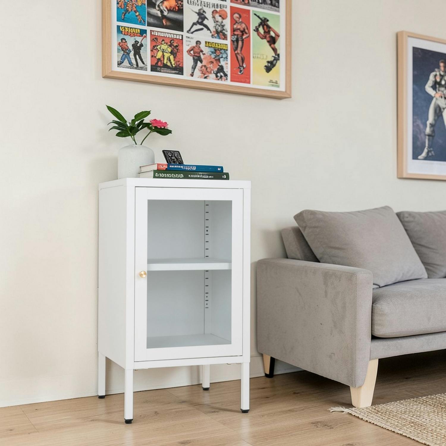 Petit meuble de rangement en métal blanc 1 porte vitrée ODENSE