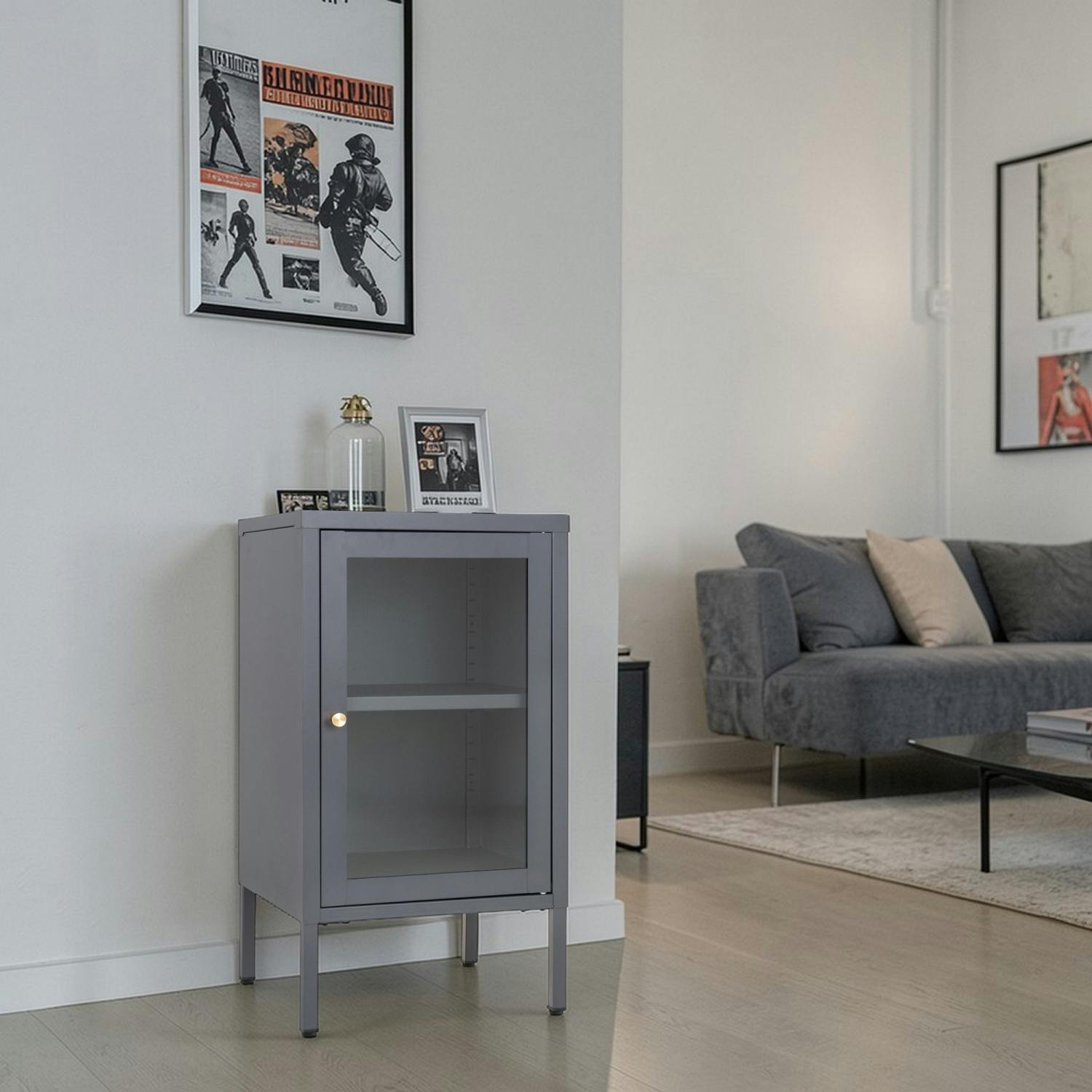 Petit meuble de rangement en métal gris 1 porte vitrée ODENSE