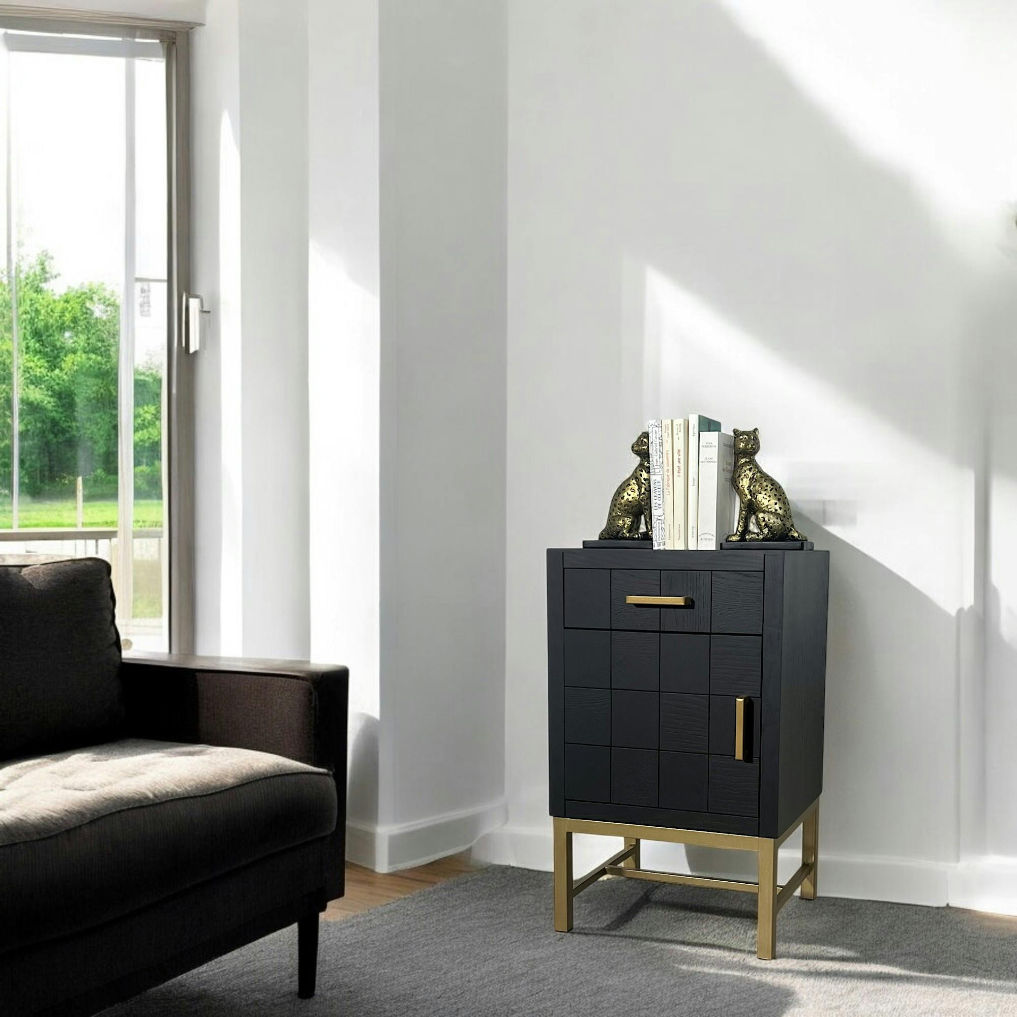 Petit meuble de rangement noir motif damier LEOPOLD