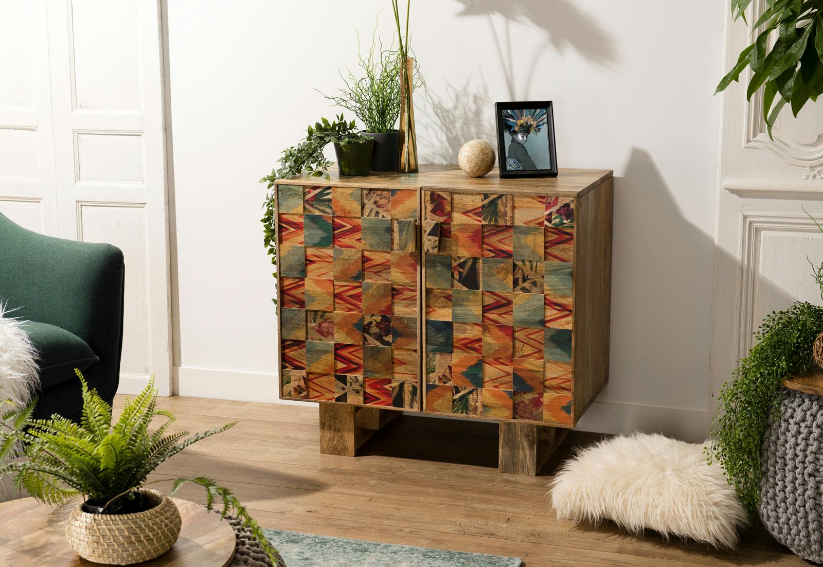 Petit buffet en bois de manguier de portes de style exotique