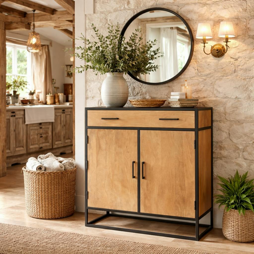 Petit meuble d'entrée en bois clair 2 portes RIVANO