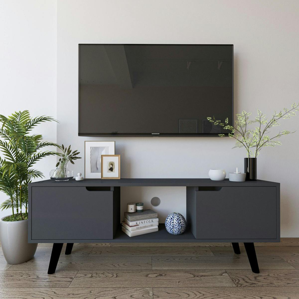 Petit meuble TV 2 portes anthracite poignées intégrées MARFA