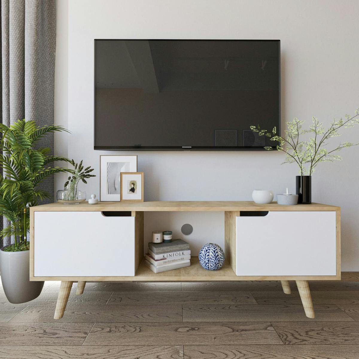 Petit meuble TV 2 portes blanches cadre effet bois clair MARFA