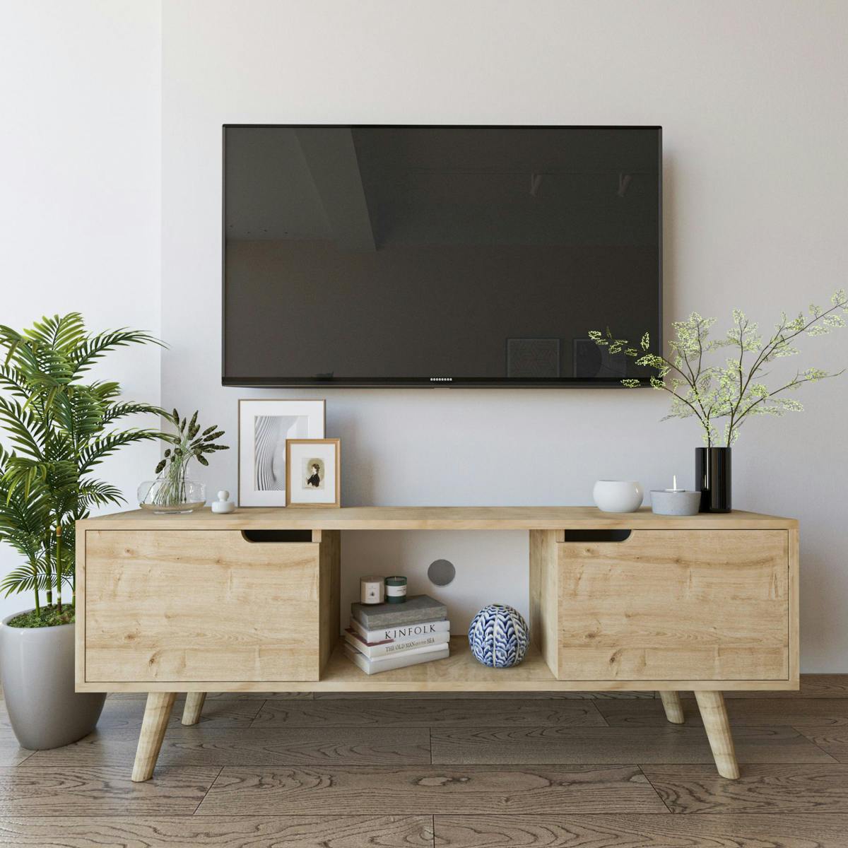 Petit meuble TV 2 portes effet bois clair poignées intégrées MARFA