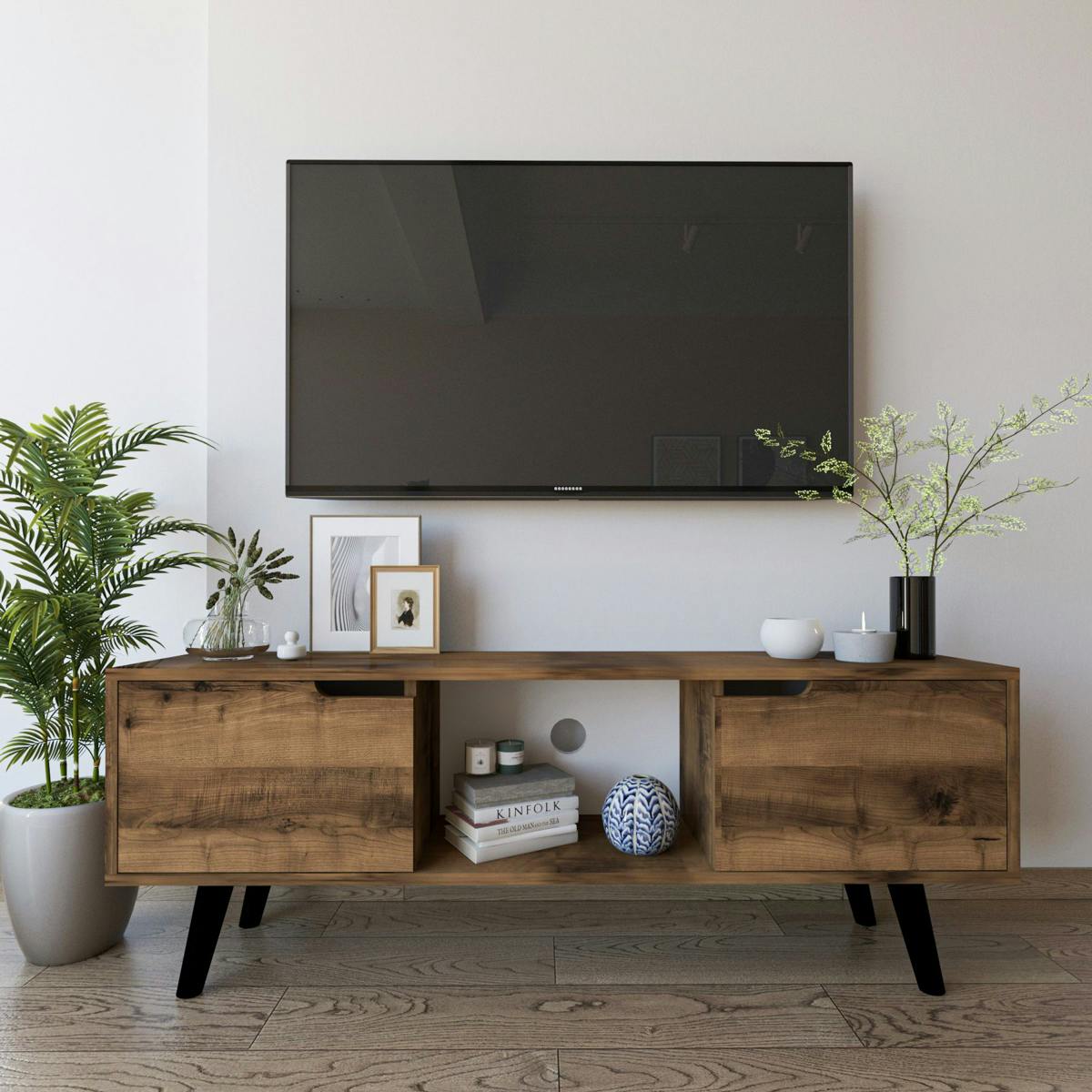 Petit meuble TV 2 portes effet bois foncé pieds noirs MARFA