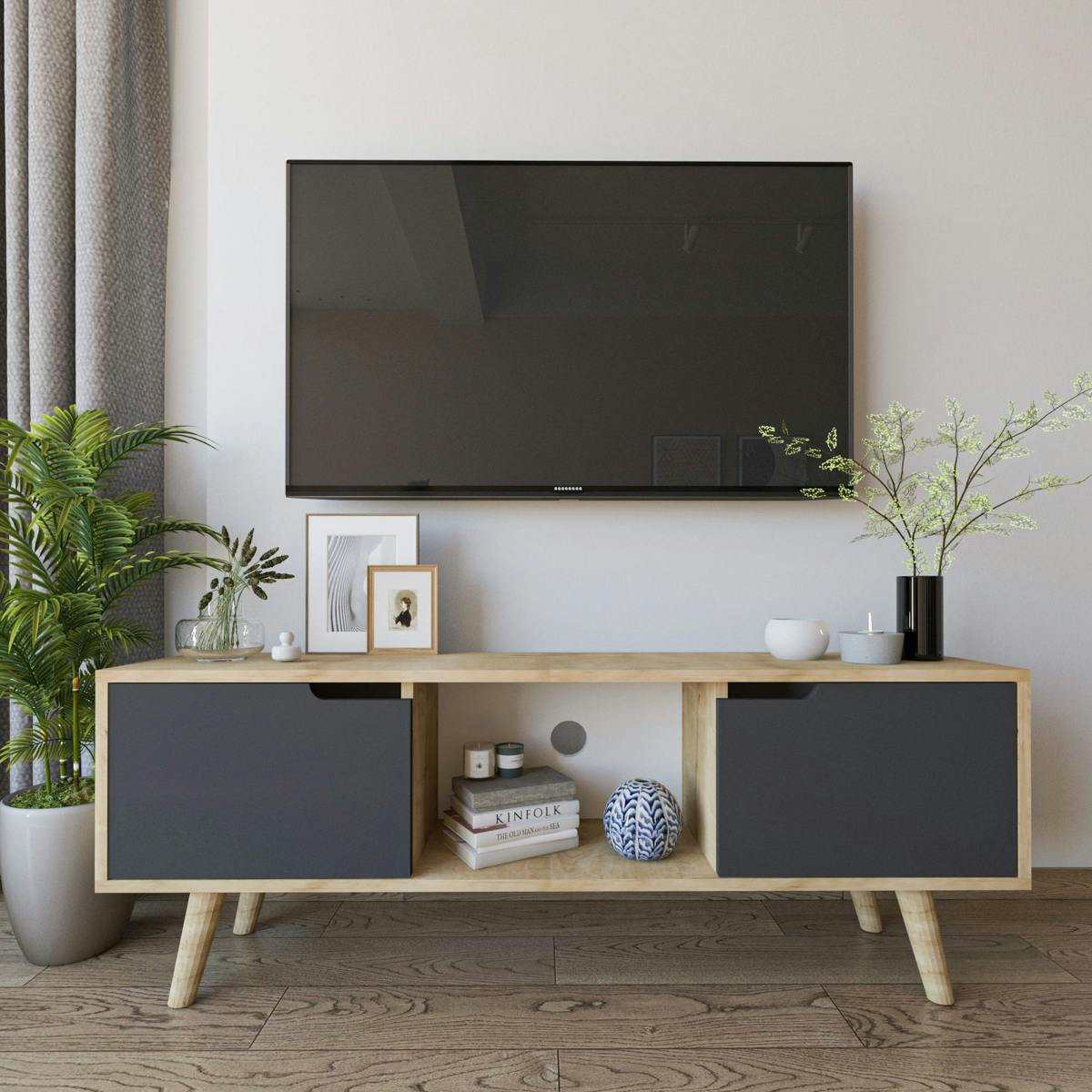 Petit meuble TV 2 portes grises cadre effet bois clair MARFA