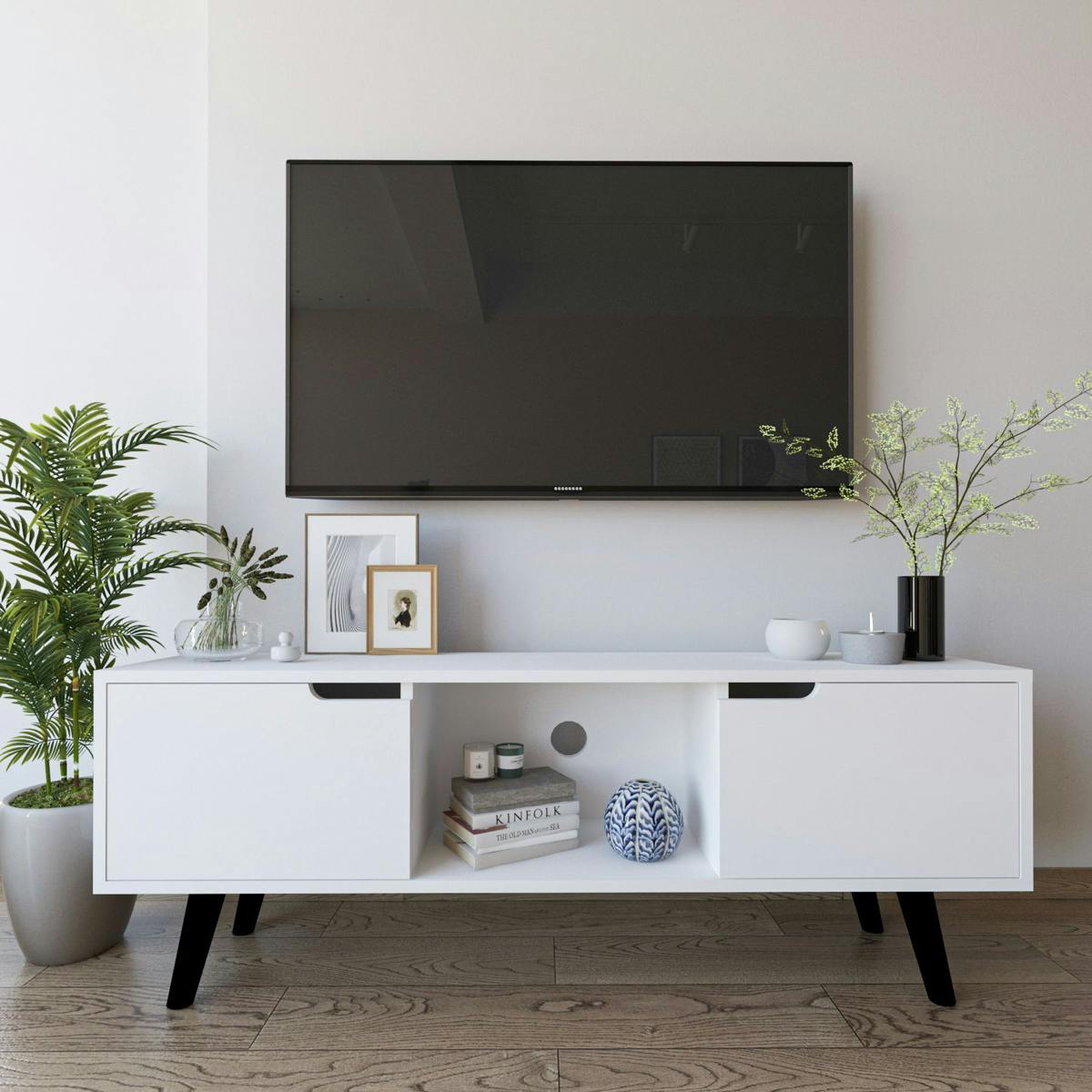 Petit meuble TV blanc 2 portes à poignées intégrées MARFA