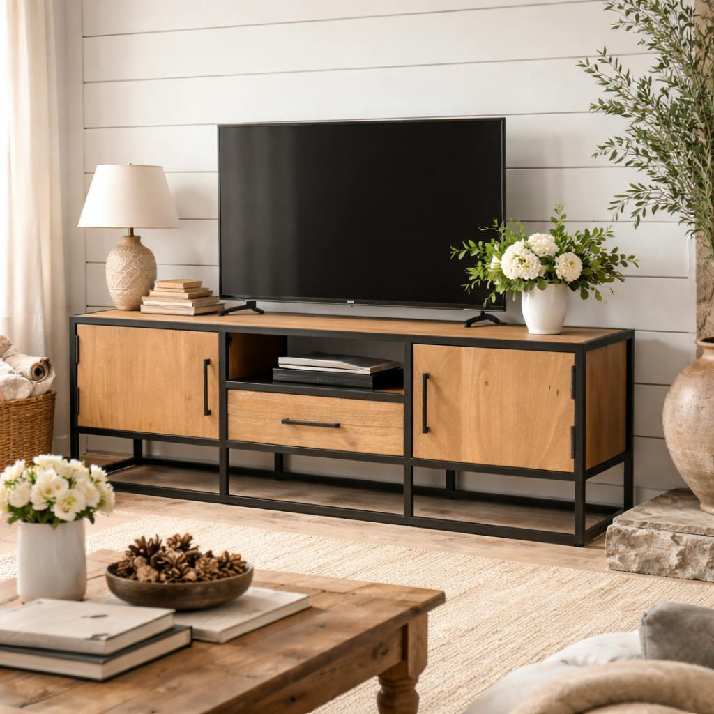 Petit meuble TV bois clair 2 portes 1 tiroir RIVANO