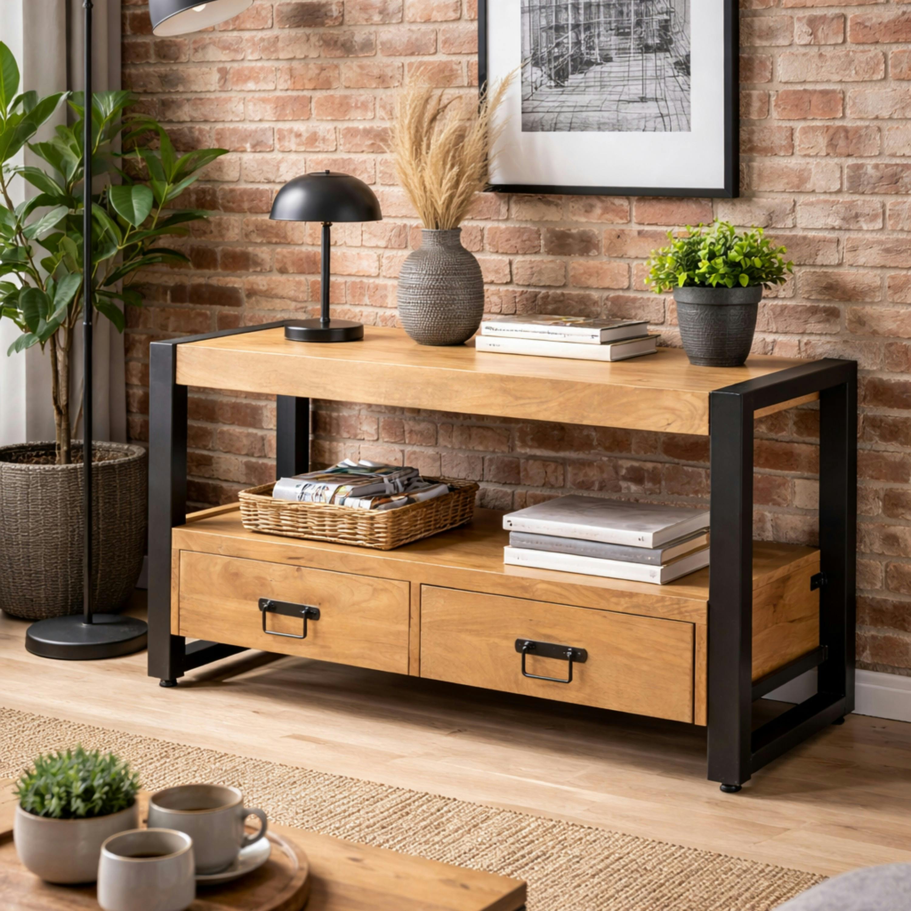 Petit meuble TV bois clair métal noir 2 tiroirs 120 cm MILORA