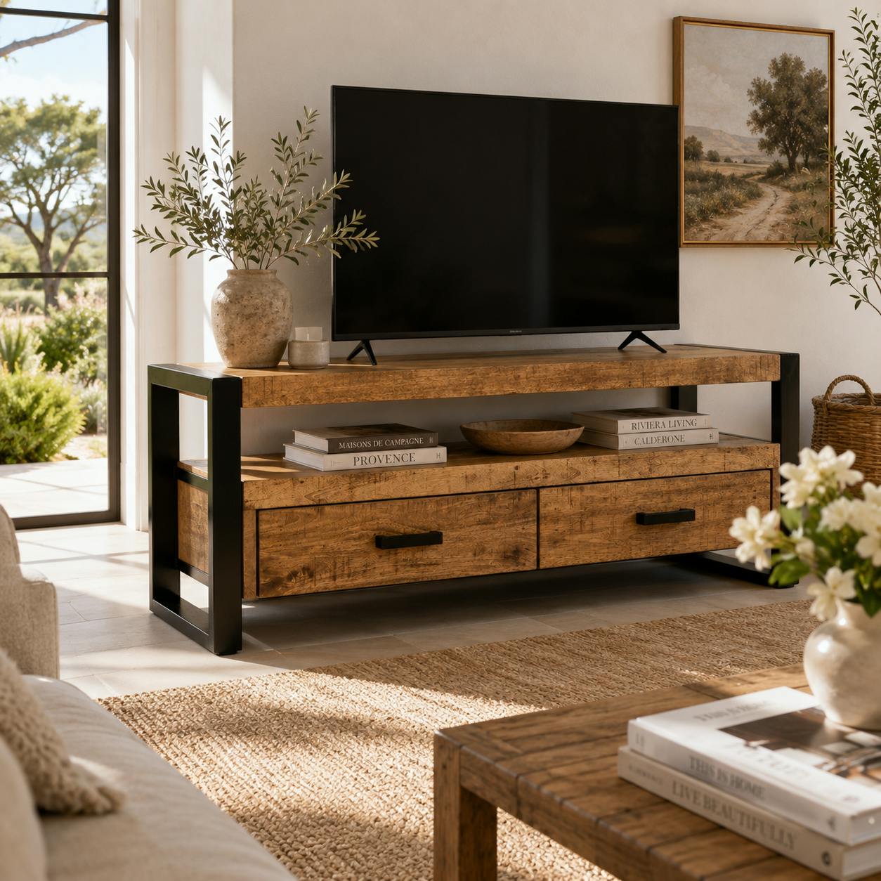 Petit meuble TV bois métal à double plateau KARGO