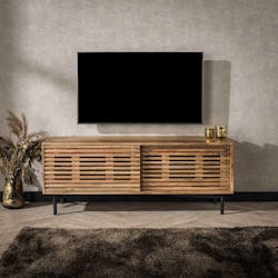Petit meuble TV en bois à portes coulissantes motif baguette MELBOURNE